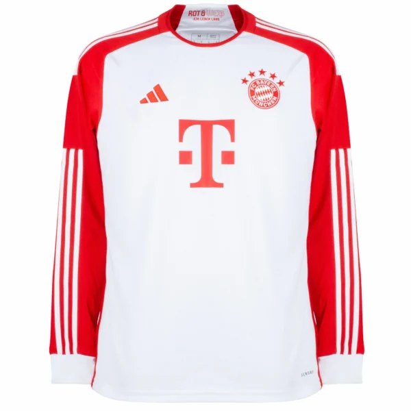 The FC Bayern Munich Long Sleeve Home Jersey 23/24 features a striking white and red design with the clubs iconic logo, a red sponsor logo on the front, Adidas branding on the right, and stylish red stripes on the sleeves.