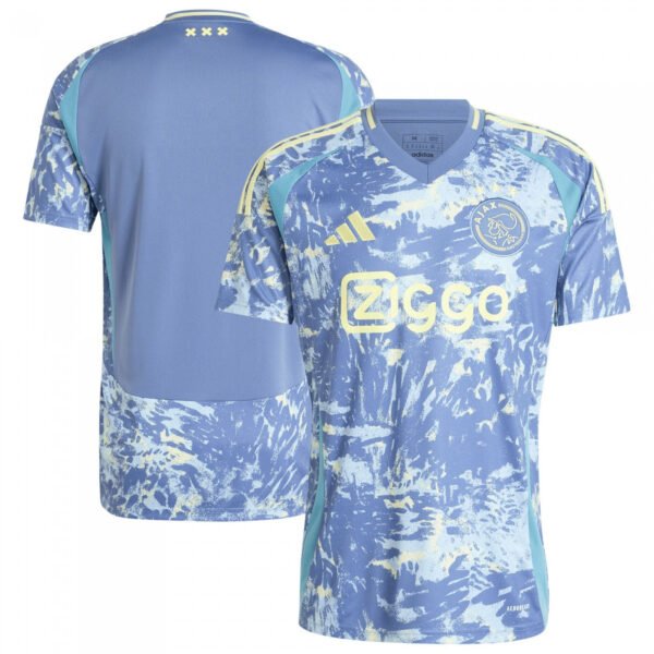 The Ajax Amsterdam Away Jersey 24/25 features a striking marbled blue and yellow pattern, with the team crest, Adidas logo, and Ziggo sponsor on the front. The back showcases three white crosses near the collar, while light blue shoulder accents complete the design.