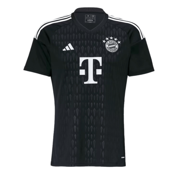 Bayern Munich black Jersey 23/24 with white accents, featuring four white stars and the club emblem on the right chest. The sponsors logo is centrally placed, and three white stripes run elegantly along the shoulders.