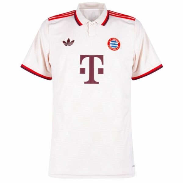 This iconic Bayern Munich Third Jersey 24/25 is a white soccer jersey with red accents, a collar, Adidas logo on the left, a circular badge with a blue and white checkered design on the right, and a large red T logo in the center.