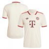 Front and back view of the Bayern Munich Third Jersey 24/25 in cream with red accents, a polo collar, red sleeve trim, and logos such as the crest and a stylized T.