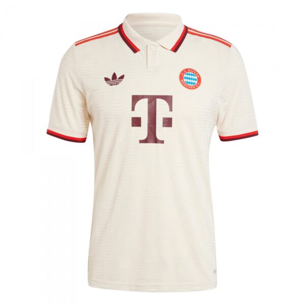 The Bayern Munich Third Jersey 24/25 is cream-colored with red accents and a polo collar. It proudly displays an Adidas logo, a prominent T sponsor logo, and the iconic team crest outlined in red on the front.