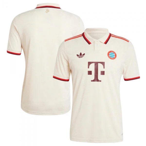 Front and back view of the Bayern Munich Third Jersey 24/25 in cream with red accents, a polo collar, red sleeve trim, and logos such as the crest and a stylized T.