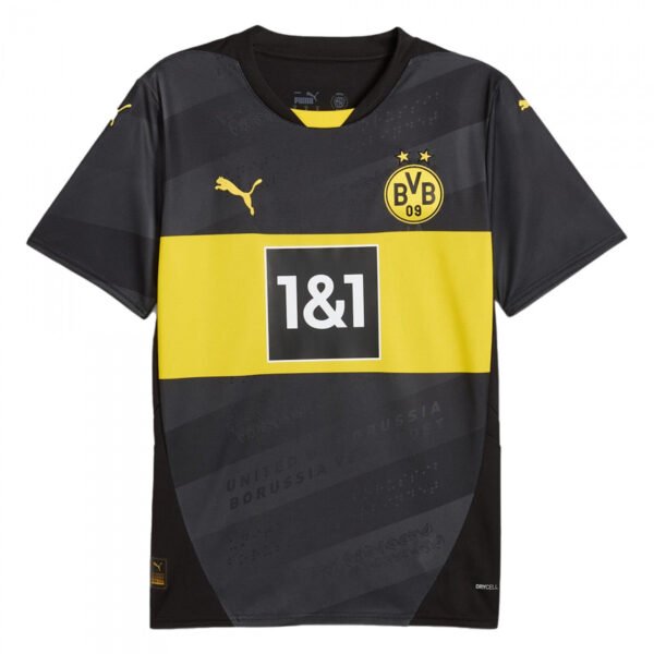 Borussia Dortmund Away Jersey 24/25 features a striking black and yellow design with diagonal grey stripes, highlighted by a prominent Puma logo, 1&1 sponsor, and the clubs iconic crest on the chest.