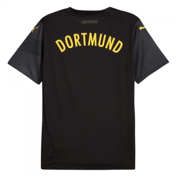Borussia Dortmund Away Jersey 24/25 is a black sports jersey featuring yellow DORTMUND text on the back, subtle gray designs on the sleeves, and logos on the shoulders, embodying its iconic soccer style.