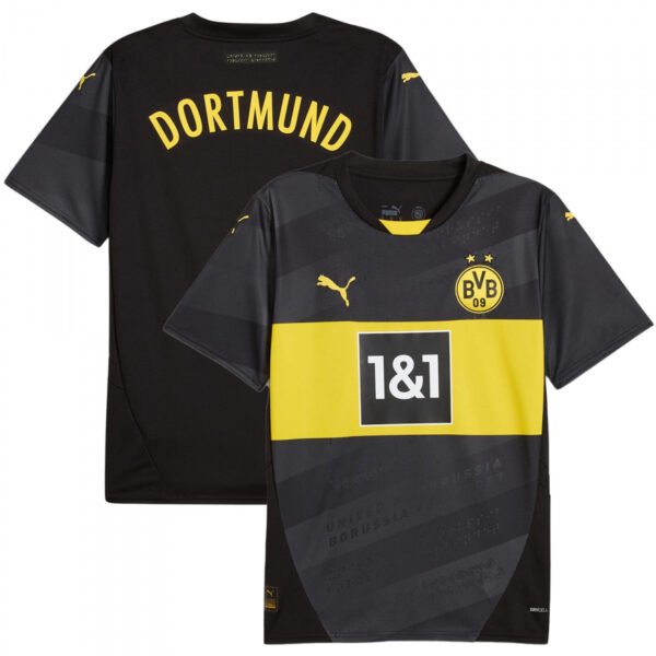 Two Borussia Dortmund Away Jerseys 24/25 are displayed, featuring a black and yellow design with a prominent 1&1 sponsor logo. The Puma logo adorns both sides, with Dortmund emblazoned on the back in vibrant yellow.