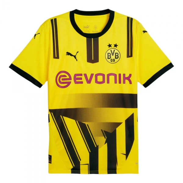 The Borussia Dortmund Cup Jersey 24/25 features an iconic yellow and black design with bold geometric patterns, Puma logos on the shoulders, a EVONIK sponsor in pink, and the club emblem with BVB 09 proudly near the left shoulder.