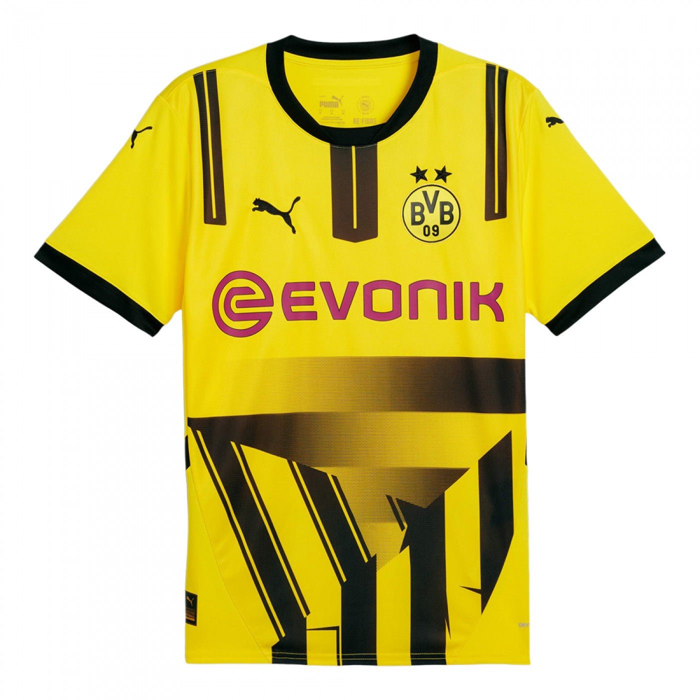 The Borussia Dortmund Cup Jersey 24/25 features an iconic yellow and black design with bold geometric patterns, Puma logos on the shoulders, a EVONIK sponsor in pink, and the club emblem with BVB 09 proudly near the left shoulder.