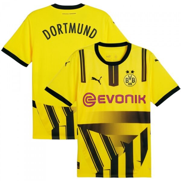 The image displays two Borussia Dortmund Cup Jersey 24/25 jerseys, showcasing the sponsor, team logo, and a vibrant yellow and black design. The back features DORTMUND in bold black letters at the top.