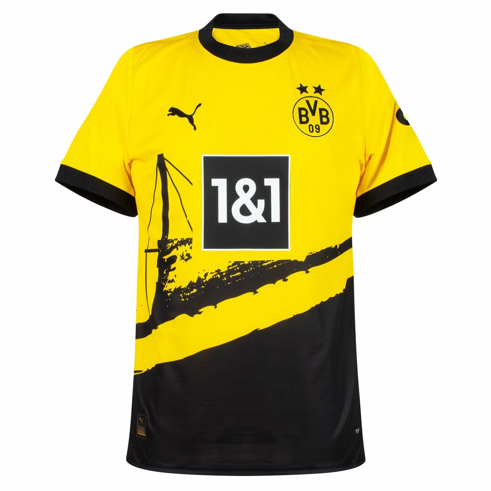 The Borussia Dortmund Home Jersey 23/24 showcases the iconic yellow and black colors, featuring the BVB 09 logo, Puma emblem, and a sailboat graphic. The 1&1 sponsor logo is prominently displayed on the front, complemented by a black collar and sleeve edges.