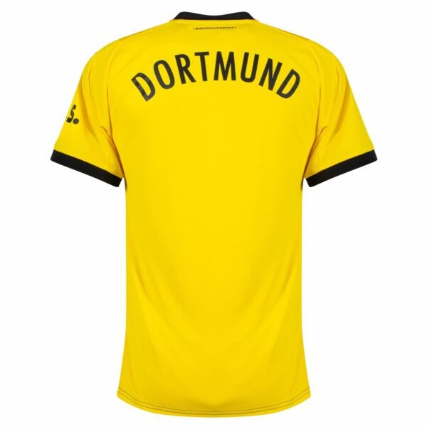 The Borussia Dortmund Home Jersey 23/24 features a vibrant yellow hue, with DORTMUND in bold black on the upper back, complemented by sleek black trim on the sleeves.