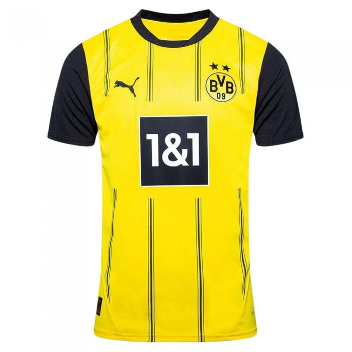 The Borussia Dortmund Home Jersey 24/25 - Player Edition is yellow with black, featuring a Puma logo, BVB 09 emblem, and the 1&1 sponsor. It has thin vertical black stripes on the yellow section, accented by black sleeves and a collar.