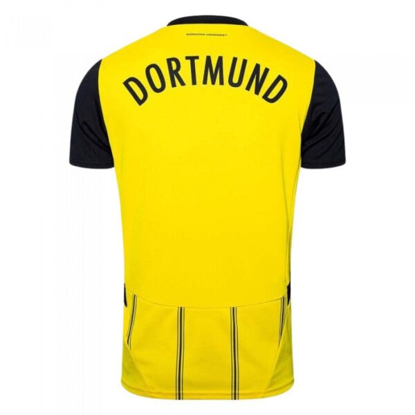 The image shows the Borussia Dortmund Home Jersey 24/25, featuring DORTMUND in bold black letters at the top. The sleeves and sides are black with a vibrant yellow body and delicate vertical stripes at the bottom.