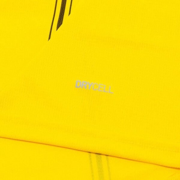 A vibrant bright yellow Borussia Dortmund Home Jersey 24/25 features faint black lines, reminiscent of team colors, with DRYCELL elegantly printed in crisp white.