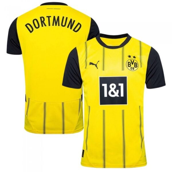 Two views of a striking Borussia Dortmund Home Jersey 24/25 in yellow and black. The front showcases the BVB 09 logo, Puma logo, and sponsors emblem. Dortmund and bold black vertical stripes adorn the back.