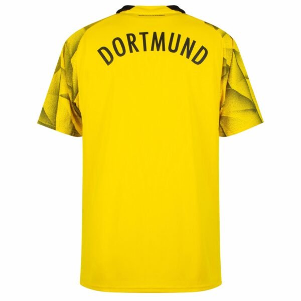 The Borussia Dortmund Third Jersey 23/24 features a vibrant yellow design with bold black DORTMUND lettering on the back and striking yellow and black patterned sleeves.
