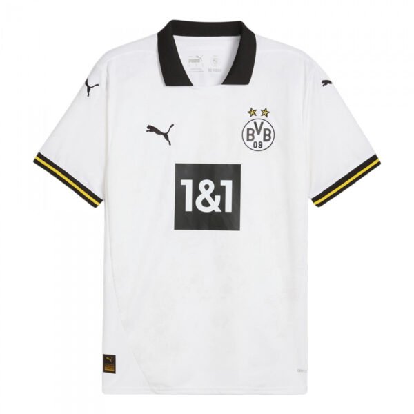 The Borussia Dortmund Third Jersey 24/25 is white with a black collar and cuffs, features the 1&1 sponsor logo in a black square, Puma logos on the shoulders and chest, two gold stars above the BVB emblem, and classic black and yellow trim details.
