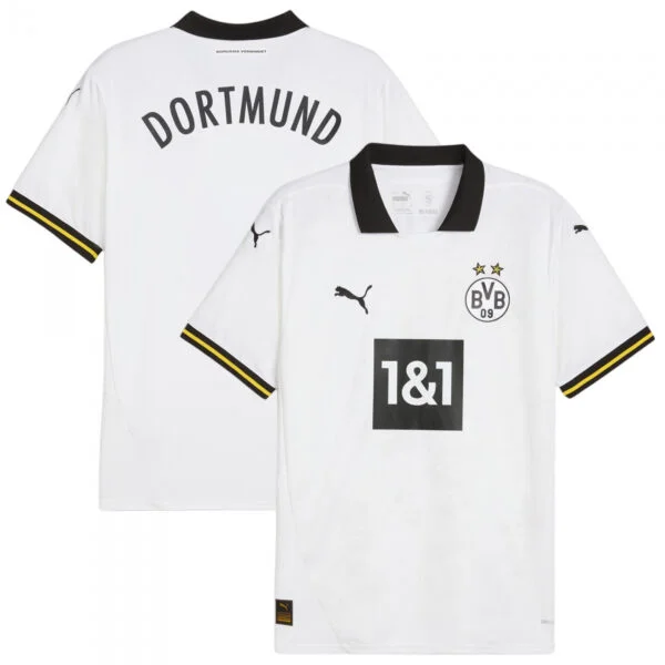 Two Borussia Dortmund Third Jerseys 24/25: White with black details, yellow sleeve stripes, iconic club and Puma logos on the front, 1&1 sponsor, and DORTMUND in bold on the back.