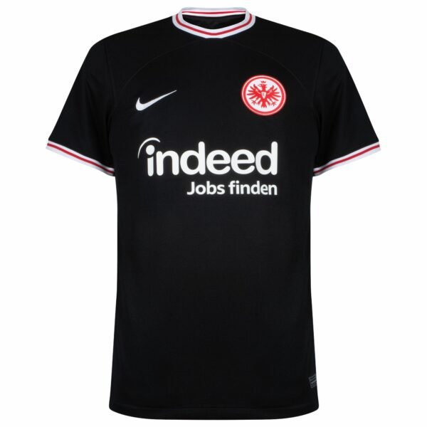 The black Eintracht Frankfurt Away Jersey 23/24 features white and red accents, displaying the Nike logo, club badge, and Indeed Jobs finden sponsor.