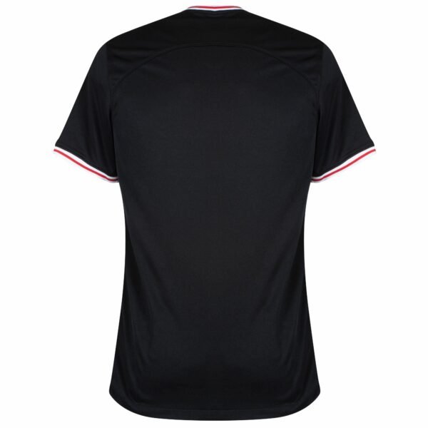 The Eintracht Frankfurt Away Jersey 23/24 is a solid black short-sleeve sports jersey with white and red trim on the cuffs and collar, a simple design with an elongated back hem, and no logos on the plain back.