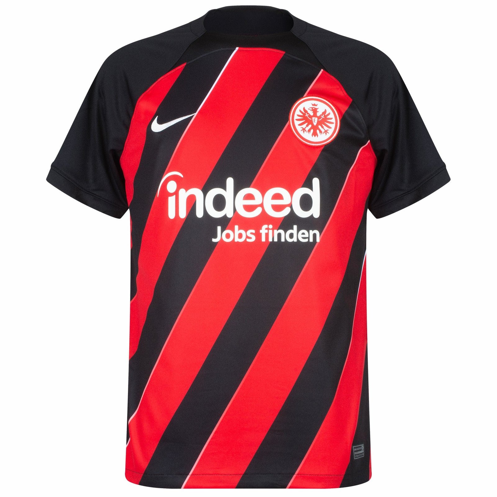 The Eintracht Frankfurt Home Jersey 23/24 showcases bold black and red stripes with an eagle logo in a circle on the left chest, the Nike logo on the right, and Indeed Jobs finden prominently in white text across the front.
