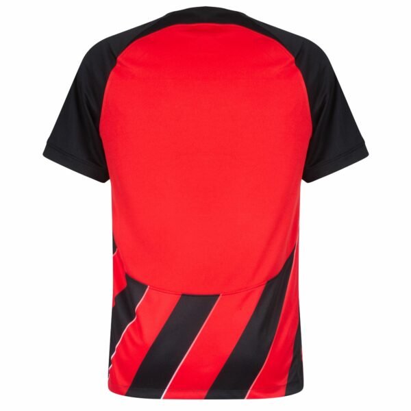 The Eintracht Frankfurt Home Jersey 23/24 showcases bold black and red diagonal stripes on the lower back with sleek black sleeves.