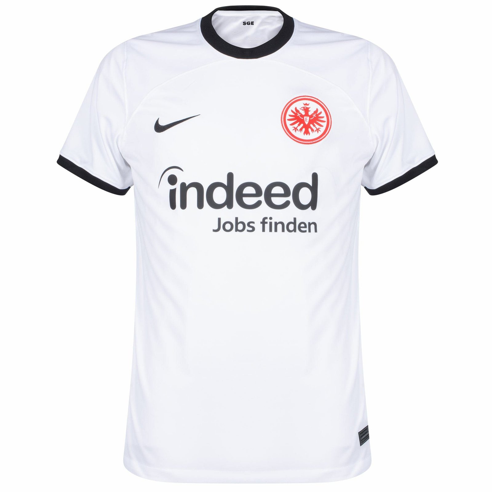 The Eintracht Frankfurt Third Jersey 23/24 is white with a black collar and trim, displaying the Nike logo and indeed above Jobs finden on the front. It features an Eintracht Frankfurt logo near the top left, opposite the Nike logo.