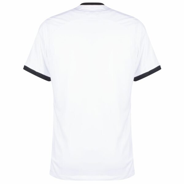 A back view of the Eintracht Frankfurt Third Jersey 23/24, resembling a plain white T-shirt with short sleeves. The black trim on the sleeves and neckline adds sporty elegance.