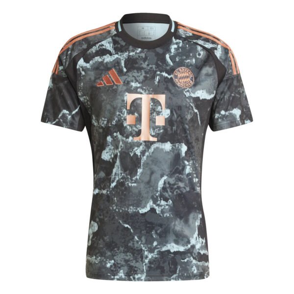 The FC Bayern Munich Away Jersey 24/25 showcases a marbled black and gray design with copper accents, featuring a central sponsor logo, the club emblem on the upper left, and iconic three stripes on the shoulders.