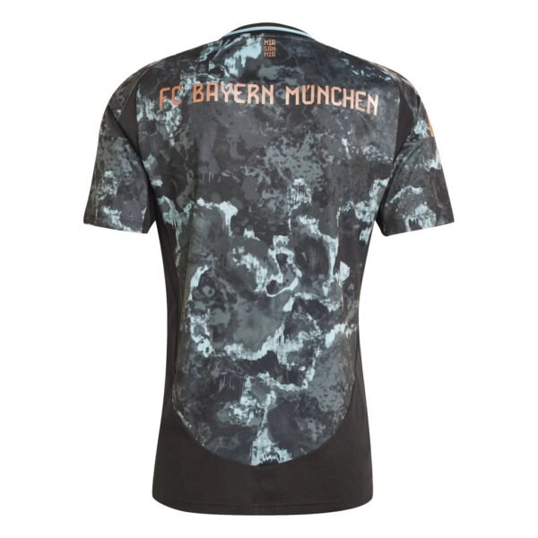 Back view of an FC Bayern Munich Away Jersey 24/25 featuring a dark camouflage pattern with FC BAYERN MÜNCHEN in orange on the upper back, along with short sleeves and abstract marbled textures.