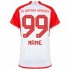 The image shows the back of an FC Bayern Munich Home Jersey 23/24 in white and red, with the number 99 and Name as placeholder text.