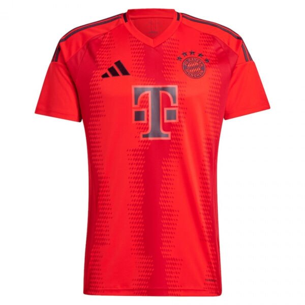 The FC Bayern Munich Home Jersey 24/25 features a red design with black accents, a logo with four stars on the chest, and a central T-shaped sponsor. Three black stripes gracefully adorn each shoulder.
