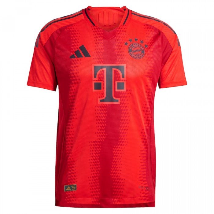 The FC Bayern Munich Home Jersey 24/25 is vibrant red with black accents, team logo on the left chest, a central T sponsor logo, vertical patterns, and an iconic Adidas badge.