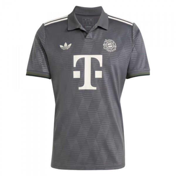 The FC Bayern Munich Oktoberfest Jersey 24/25 (Fan Edition) is a gray soccer jersey with a geometric pattern. It features Adidas and club logos on the chest, a prominent T in the center, white shoulder stripes, and a white-trimmed collar.