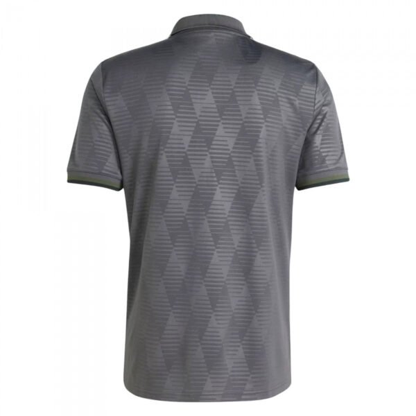 The FC Bayern Munich Oktoberfest Jersey 24/25 features a back view of a gray polo shirt with a geometric diamond pattern, collar, and short sleeves trimmed in dark accents, adding texture and depth to the fabric.