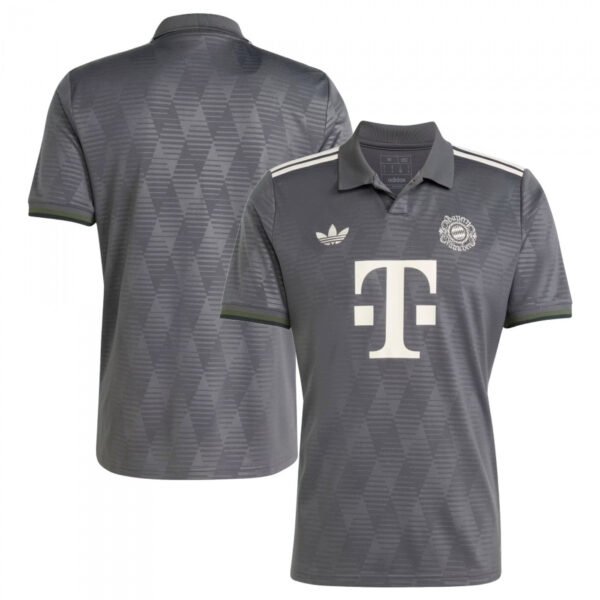 Front and back view of the gray FC Bayern Munich Oktoberfest Jersey 24/25 with geometric patterns, a polo collar, white shoulder stripes, and logos including a white T and an emblem on the chest.