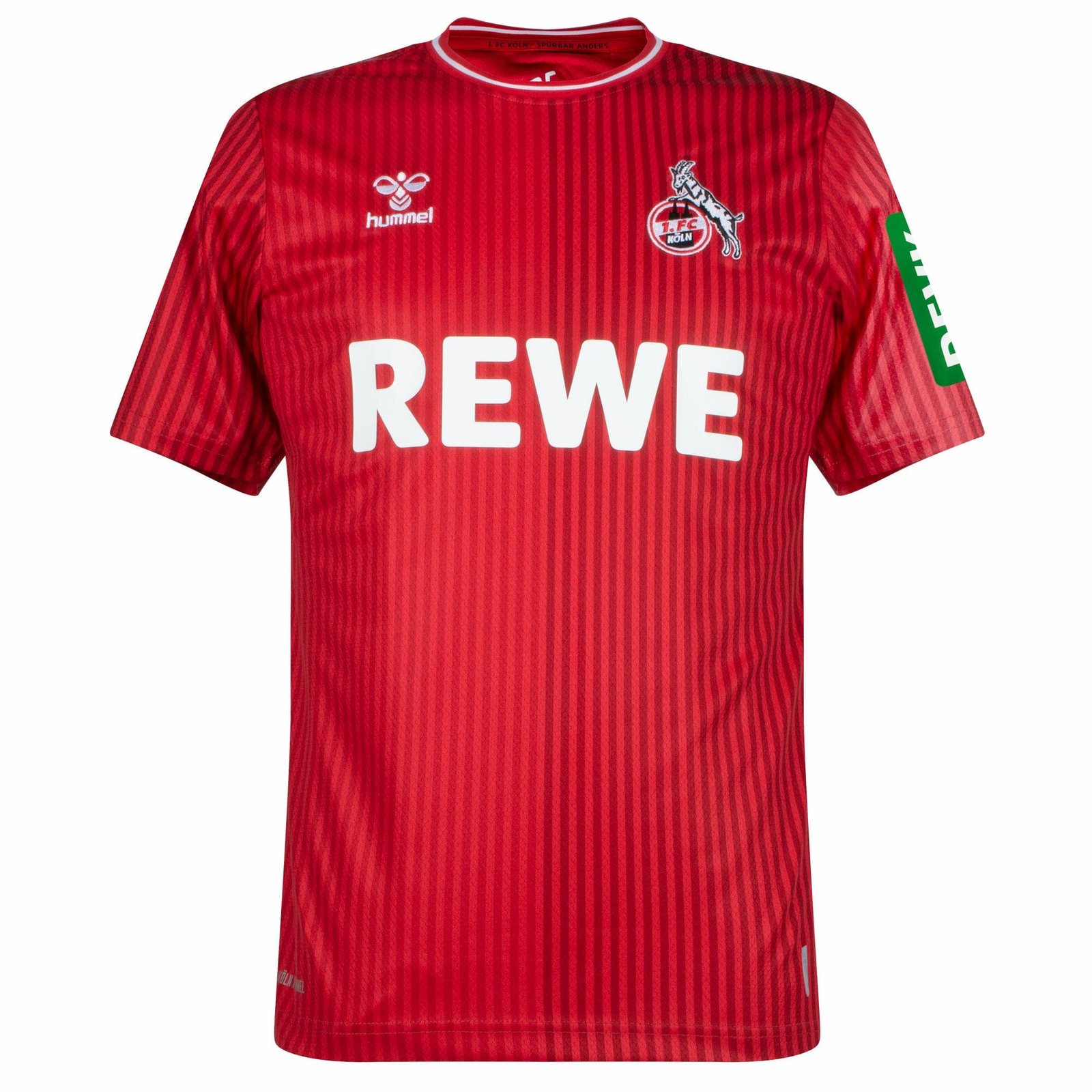 The FC Köln Away Jersey 23/24 is a red soccer jersey with subtle pinstripes, fc koln logo, hummel branding, and REWE in bold white letters on the chest. A green detail adorns the right sleeve.