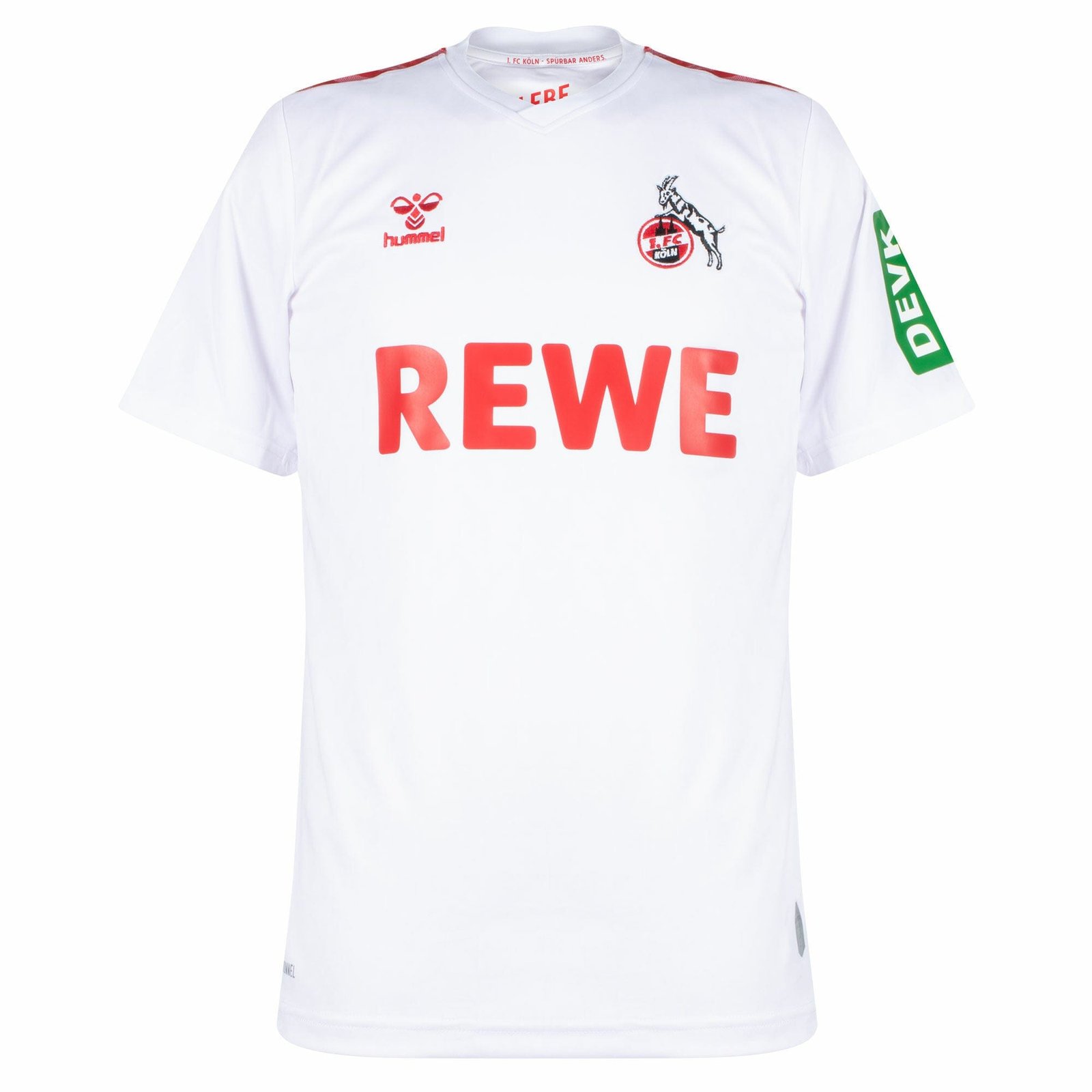 The FC Köln Home Jersey 23/24 features a white design with bold red REWE text prominently displayed. It is adorned with iconic emblems, including the goat symbol, and has green DEVK lettering on the sleeves.