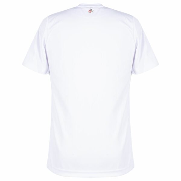 The back view of the FC Köln Home Jersey 23/24 is shown against a white background. It features short sleeves and a round neckline, with a small red and gray logo near the collar on its plain white fabric.