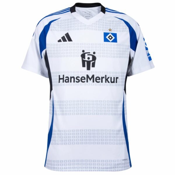 The Hamburger SV Home Jersey 24/25 is white with blue and gray accents and bold black diagonal shoulder stripes, featuring a Hamburger sv logo on the left chest and HanseMerkur prominently displayed in the center.