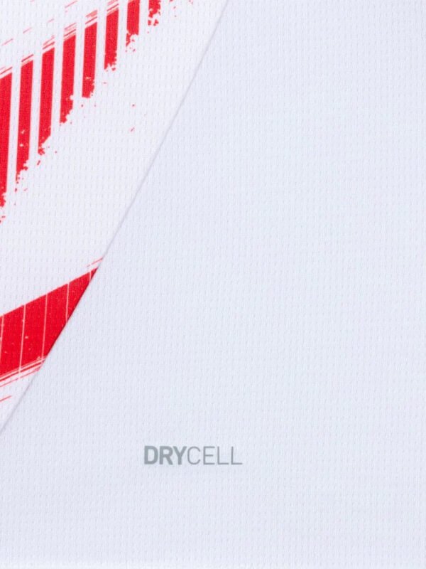 Close-up of the Leipzig Home Jersey 24/25 featuring a white background with red diagonal stripes on the upper left. The word DRYCELL appears in light gray, slightly off-center toward the bottom.