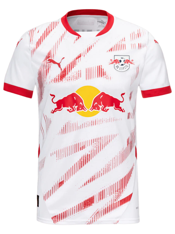 The Leipzig Home Jersey 24/25 is a white and red jersey featuring red abstract diagonal patterns. It showcases logos with two red bulls, a Puma logo on the chest, and the team logo on the upper left side, with a red collar and sleeve edges to complete its dynamic design.