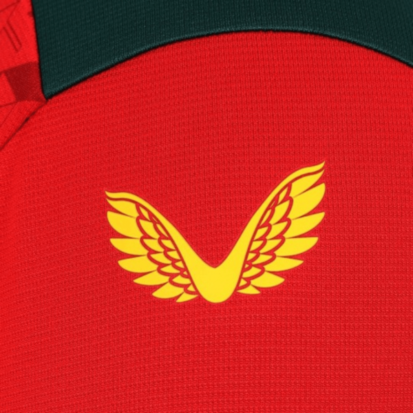 The Wolverhampton Away Jersey 23/24 features a yellow winged logo on red, with a dark green section at the top.