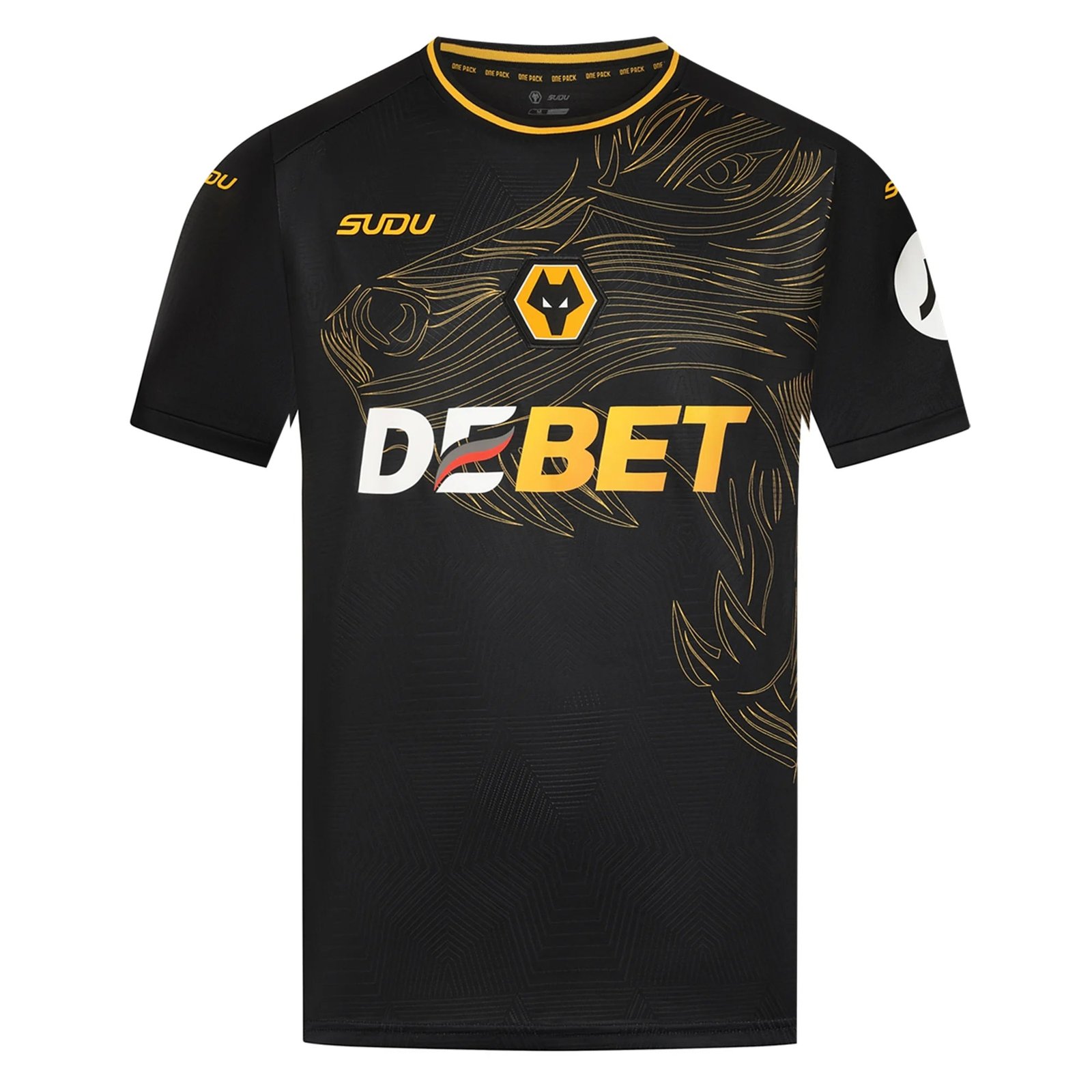 The Wolverhampton Away Jersey 24/25 - Fan Edition is a black sports jersey with a stylized wolf face in gold lines, yellow accents, and brand logos featuring SUDU on the top left and DEBET across the chest.
