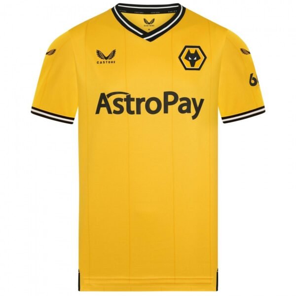 The Wolverhampton Home Jersey 23/24 is yellow with a black and orange wolf logo on the upper left chest, AstroPay sponsor logo across the front, and a Castore logo on the upper right. It features black trim along the collar and sleeves.