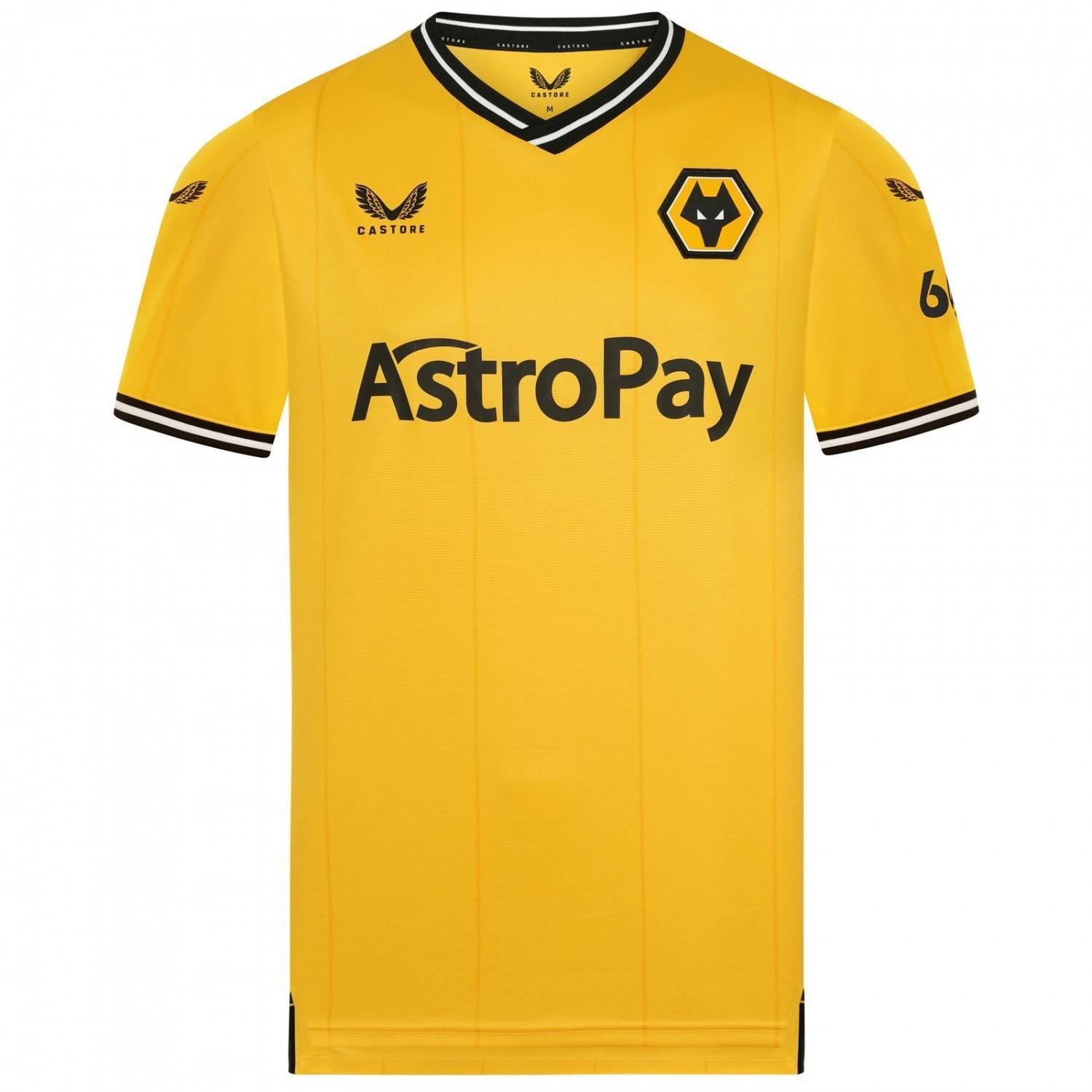 The Wolverhampton Home Jersey 23/24 is yellow with a black and orange wolf logo on the upper left chest, AstroPay sponsor logo across the front, and a Castore logo on the upper right. It features black trim along the collar and sleeves.