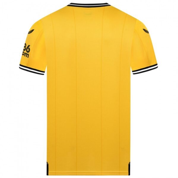 The Wolverhampton Home Jersey 23/24 is yellow with black trim on the sleeves and collar, featuring small logos on the sleeves.