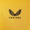 A close-up of the Wolverhampton Home Jersey 23/24 reveals yellow fabric with a black castore logo, showcasing a stylized V resembling wings above the word CASTORE.