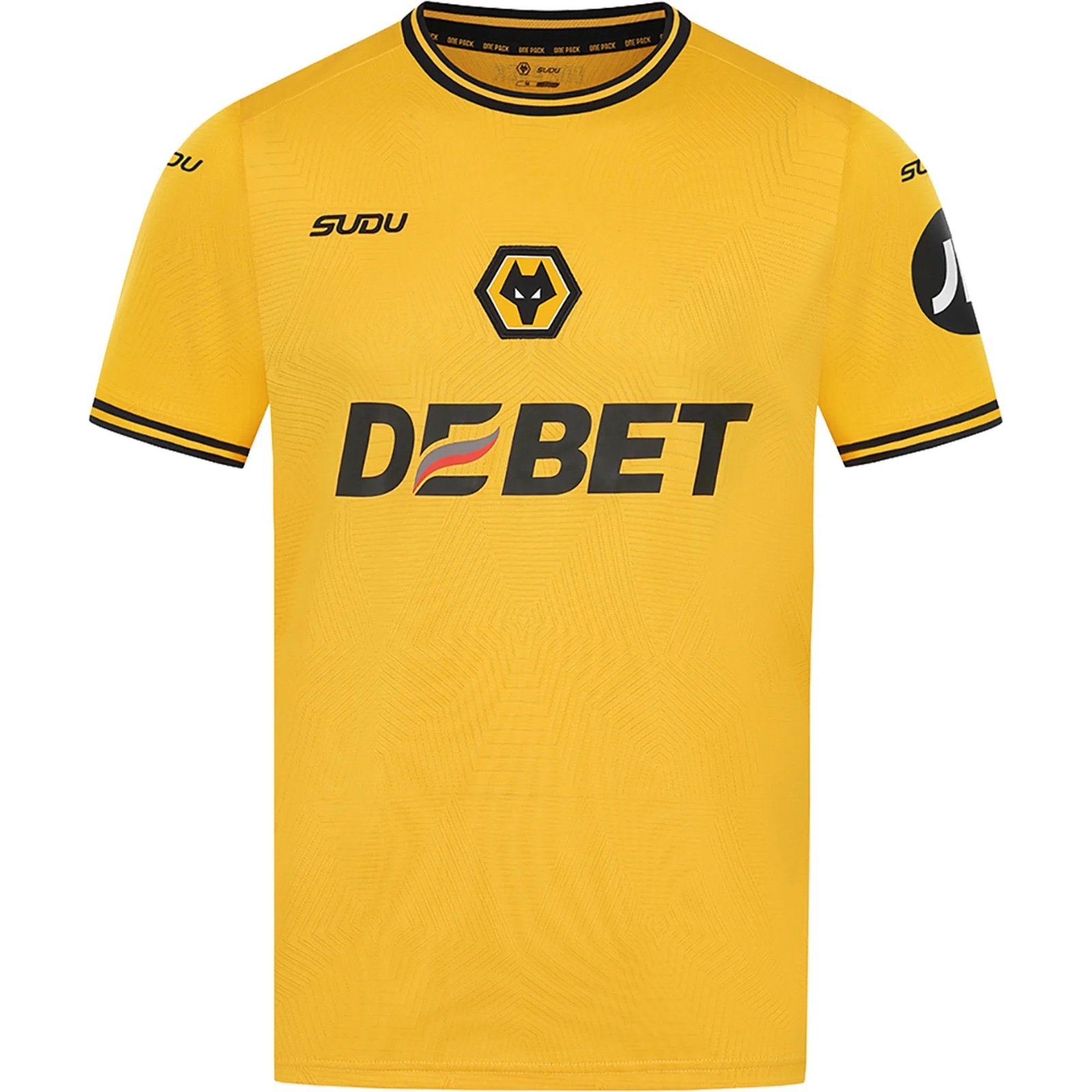 The Wolverhampton Home Jersey 24/25 - Fan Edition is yellow with a wolf logo in the center, DEBET branding on the front, and features black trim on the collar and cuffs. The words SUDU and a circular logo adorn the chest and sleeve.