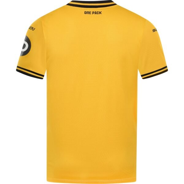the back of a Wolverhampton Home Jersey 24/25 - Fan Edition in yellow with black trim on the sleeves and collar. ONE PACK is written below the collar, and theres a circular logo on the right sleeve.